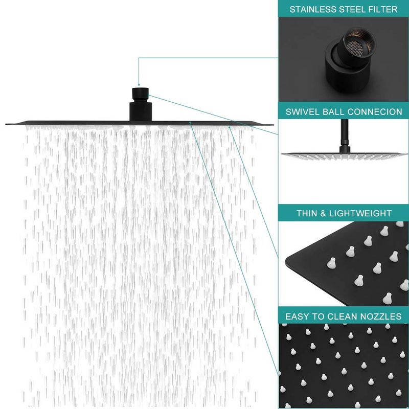 Lordear 12 inch Black Rainfall Shower Head Black Shower Head Square Solid Ultra Thin 304 Stainless Steel Fixed Rain Shower Head with Self Cleaning Nozzles - Image 2
